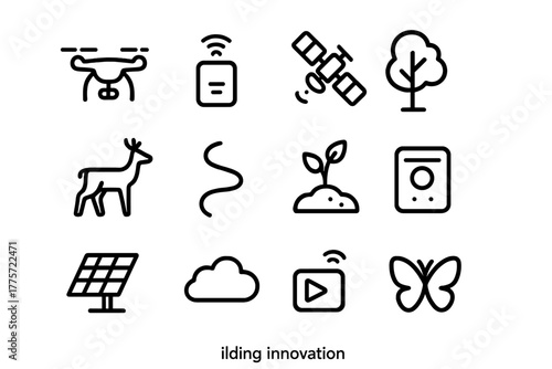Rewilding Innovation Icons. Rewilding innovation. Line outline icon set of rewilding innovation: drone, sensor