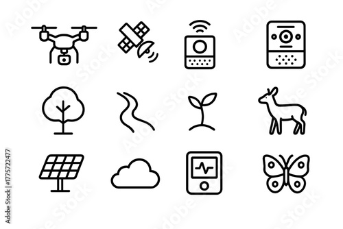 Tech Rewilding Icons Grid. Tech-enabled rewilding. Line outline icon set of tech-enabled rewilding: drone,