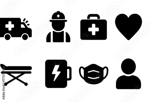 Emergency Icons Grid. Emergency response. Filled icon set of emergency response: ambulance, rescue worker,