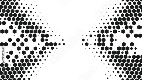 Black hexagon halftone abstract tunnel background, geometric dots pattern with modern gradient illusion, digital futuristic texture for tech and graphic design concepts