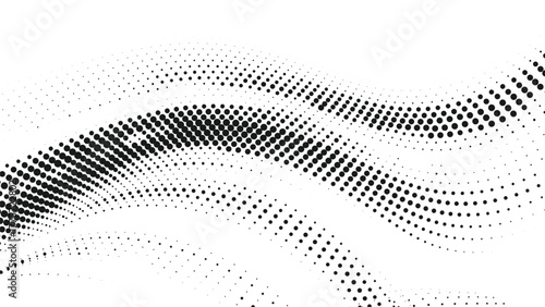 Bold black halftone waves, flowing dotted lines forming smooth curves, abstract modern background design for technology, motion graphics, digital and creative visual concepts
