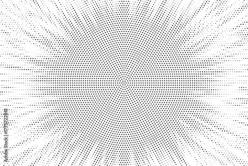 black halftone radial explosion background, dotted lines radiating from center, modern abstract minimal design, dynamic optical illusion pattern for digital and print artwork
