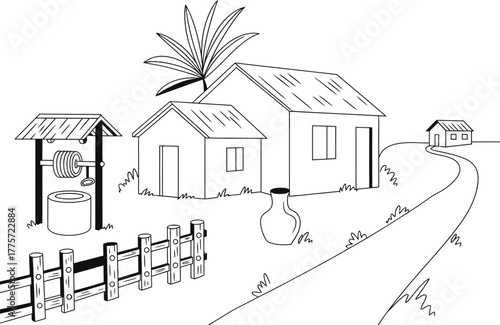 Rustic rural scene with simple houses and a wooden fence