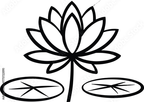 Simple black and white line drawing of a lotus flower with lily pads