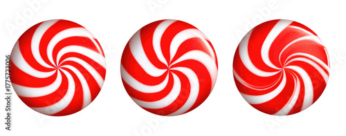 Three round, spiral-patterned candies in red and white
