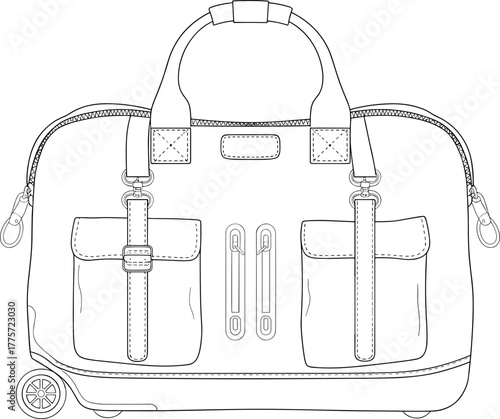 Stylish leather travel bag illustration, modern duffel luggage design, detailed vector backpack drawing, elegant fashion accessory outline, minimal black and white art