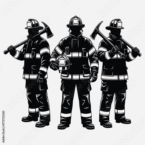 Three Firefighters Standing Ready with Axes and Helmets, Professional Rescuers