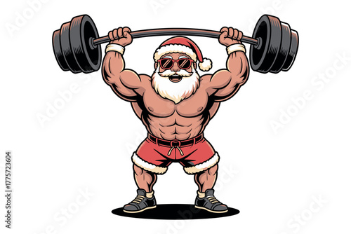 A muscular Santa Claus wearing sunglasses lifts a heavy barbell overhead, showcasing holiday fitness.
