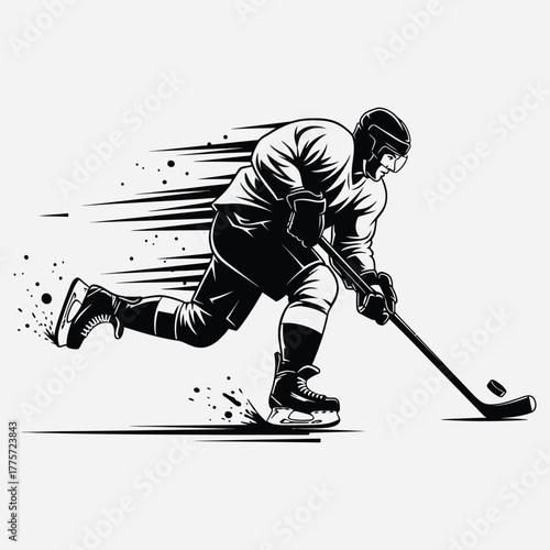 Dynamic Monochrome Illustration of a Fast-Paced Ice Hockey Player in Action, Capturing Speed and Energy on the Rink with Striking Graphic Lines