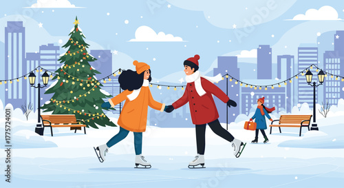 Happy couple gracefully ice skating hand-in-hand in a festive snowy city park, adorned with a beautifully lit Christmas tree.