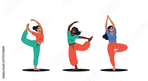 Three diverse women confidently practicing various advanced yoga poses, demonstrating strength, flexibility, and mindfulness in their wellness journey.