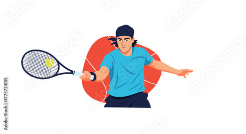 Dynamic illustration of a male tennis player in action, powerfully swinging his racket to hit the ball during a match.