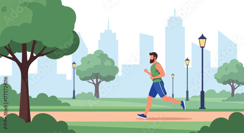 Energetic man with a beard jogging briskly on a path in a beautiful green park, set against a modern urban skyline backdrop.