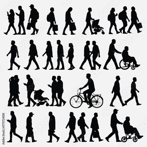 A diverse collection of vector silhouettes depicting people walking in various urban life scenarios, including commuting and family activities