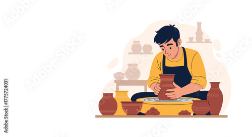 Focused man skillfully shaping clay on a pottery wheel, immersed in the ancient craft of ceramics and artistic creation.