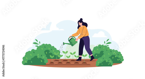 Dedicated woman carefully watering young plants in a lush green garden, promoting growth and nurturing her flourishing crop.