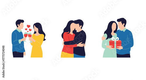 Collection of three romantic illustrations depicting couples celebrating with a toast, sharing a loving hug, and exchanging thoughtful gifts.