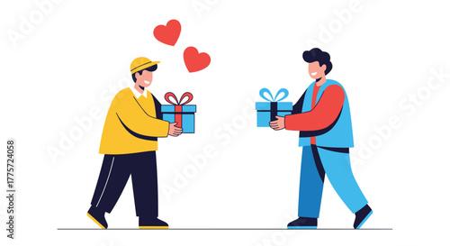 Cheerful men exchanging beautifully wrapped gifts, with hearts floating above, symbolizing friendship, gratitude, and thoughtful gestures.