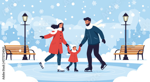 Joyful family of three, including a young child, happily ice skating hand-in-hand in a picturesque snowy city park scene.