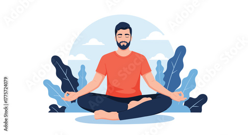 Calm bearded man meditating in a serene lotus position, surrounded by lush blue and green plants, promoting mindfulness and inner peace.