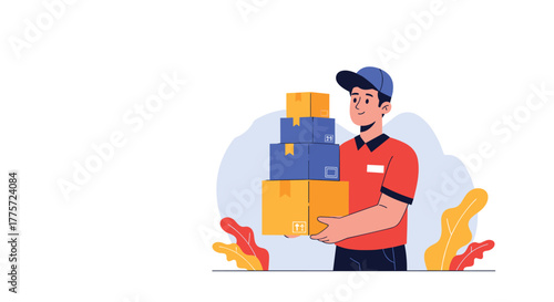 Friendly delivery man in a cap and uniform, smiling while confidently holding a tall stack of various packages for efficient shipment.