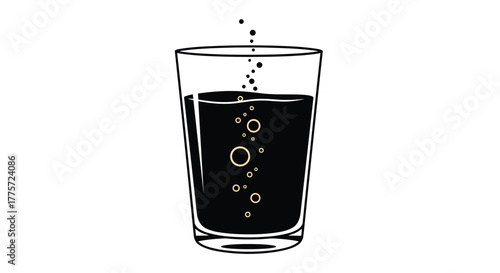 Refreshing glass of dark soda with effervescent bubbles, illustrating a fizzy beverage and cool, bubbly refreshment.