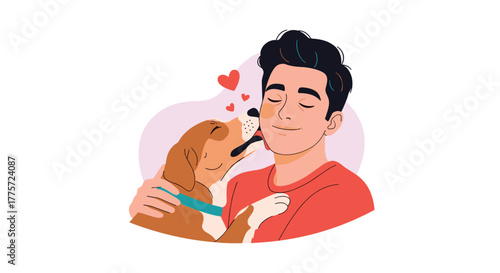 Happy man lovingly embracing his loyal dog, with floating hearts symbolizing the profound affection and strong bond between them.