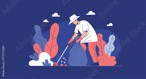 Dedicated man wearing a hat and gloves, actively picking up trash and collecting waste in a large blue bag to clean the environment.