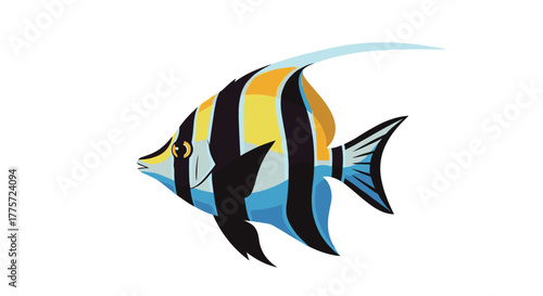 Vibrant and exotic moorish idol tropical fish, showcasing striking yellow, black, and blue stripes with a distinctive long fin.