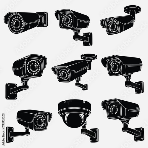 Collection of various CCTV security cameras on white background, digital illustration