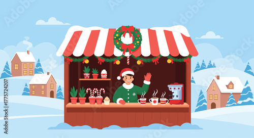 Cheerful man in a santa hat selling warm drinks and festive treats at a charming Christmas market stall in a snowy village setting.