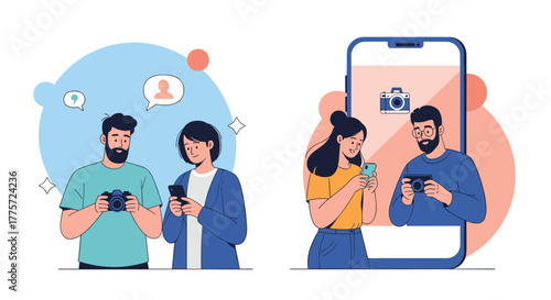 Engaging illustrations showcasing modern individuals interacting with both traditional cameras and smartphones for photography and social media.