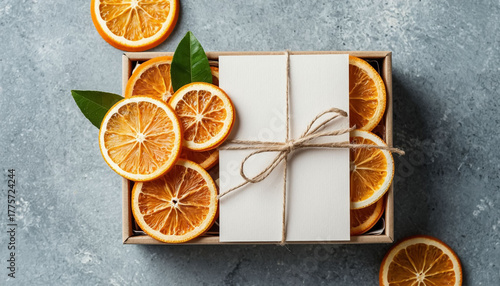 Eco paper gift box with dried orange slices sweet treat and blank card mockup.