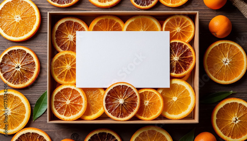 Eco-friendly present box with orange slices and blank card.