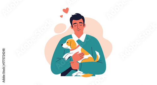 Loving man gently cradling an adorable small dog, with hearts floating above, symbolizing the warm bond and deep affection.