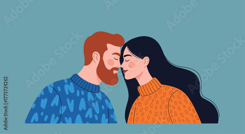 Intimate portrait of a loving couple in cozy winter sweaters, softly touching foreheads, symbolizing deep affection and warmth.