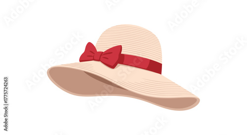 Elegant straw hat adorned with a stylish red ribbon and bow, representing classic summer fashion and chic holiday style.