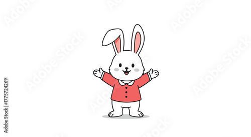 Adorable cartoon white rabbit wearing a charming red shirt, standing with arms open, exuding a welcoming and friendly vibe.
