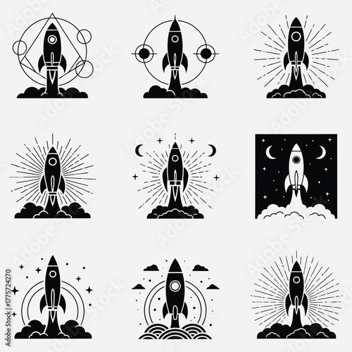Collection of Retro Rocket Ship Logos A Set of Black and White Designs for Space Exploration
