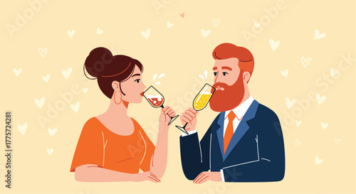 Stylish couple, a man with a beard and a woman, happily clinking glasses in a celebratory toast, symbolizing romance and joy.