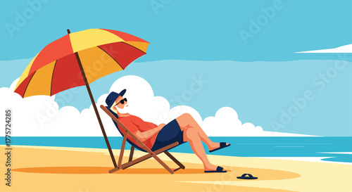 Peaceful elderly man relaxing comfortably on a beach chair under a colorful umbrella, enjoying a serene tropical seaside vacation.