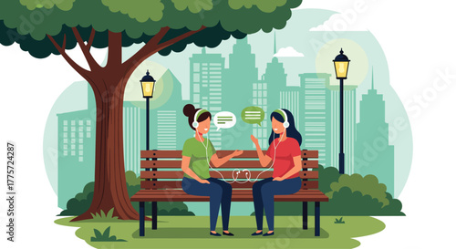 Two women happily conversing and sharing music on a park bench, enjoying friendship and leisure in an urban green space.
