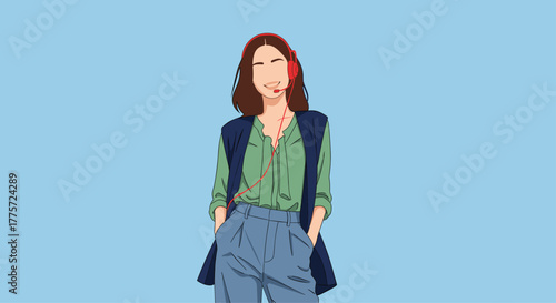 Cheerful young woman wearing red headphones with a microphone, smiling brightly, ready for online communication or customer service.