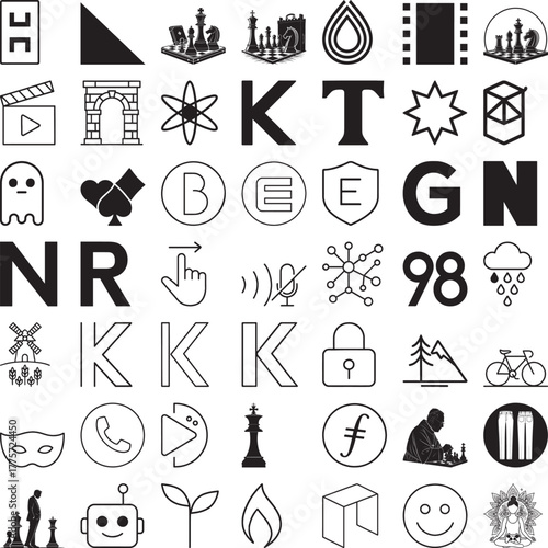 Collection of black and white icons and symbols including chess pieces, letters, and abstract shapes