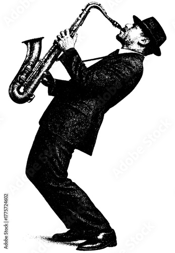 Jazz saxophone player, retro xerography halftone engraving black and white vintage music photo art isolated on transparent background