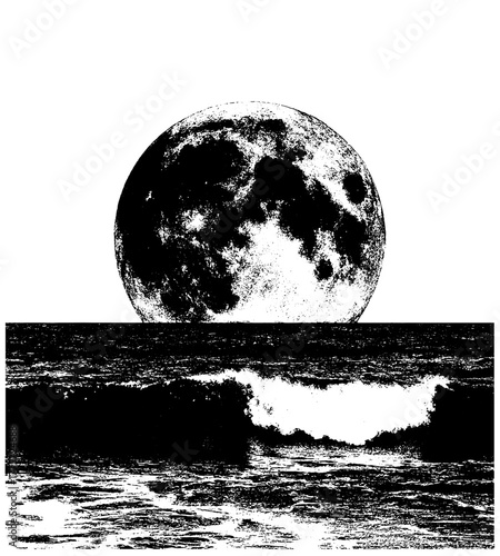 Moon over ocean waves, retro xerography halftone engraving black and white surreal photo art isolated on transparent background