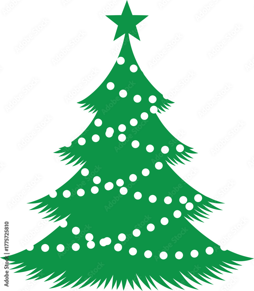 Fototapeta premium 🎄 A vibrant green pine tree vector illustration isolated on white with snow and a yellow star for Christmas and New Year decoration