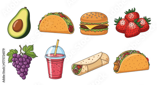 A colorful assortment of delicious food items, including fruits, tacos, and a burger