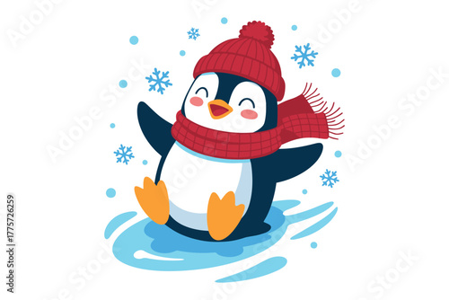 A cute cartoon penguin wearing a hat and scarf is enjoying the snowfall.