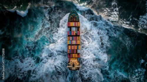 Aerial view of a large container cargo ship navigating through rough, turbulent ocean waves, symbolizing global trade and logistics.
